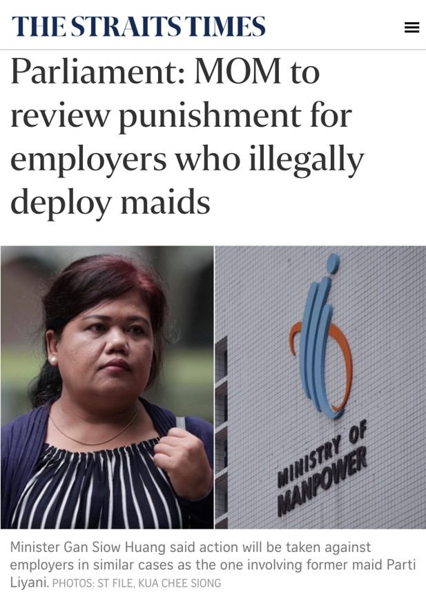 Parliament MOM to review punishment for employers who illegally deploy maid